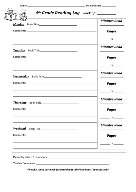 4th Grade Reading Log Printable pdf