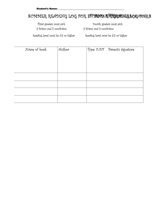 Summer Reading Log For 3rd And 4th Graders Printable pdf