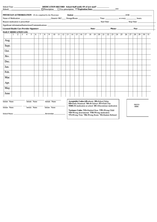 Fillable Daily School Medication Record Printable pdf