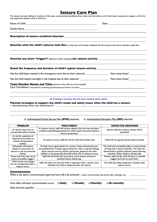 Seizure Care Plan Printable pdf