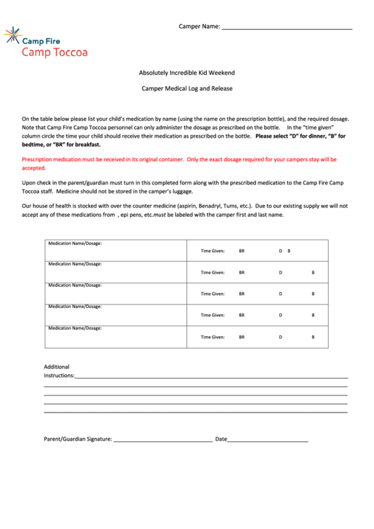 Camper Medical Log And Release Form Printable pdf