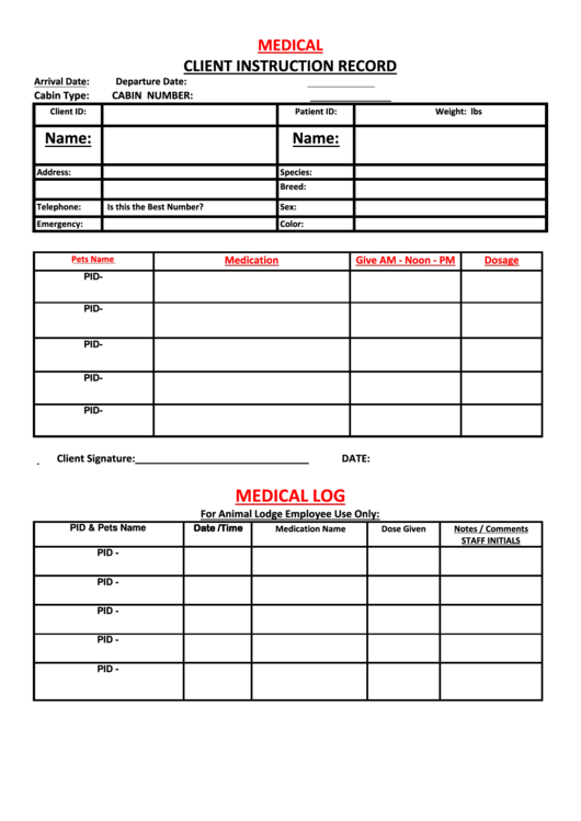 Medical Client Instruction Record Form Printable pdf