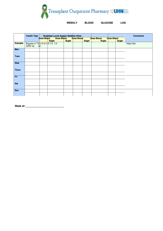 Weekly Blood Glucose Log Printable pdf