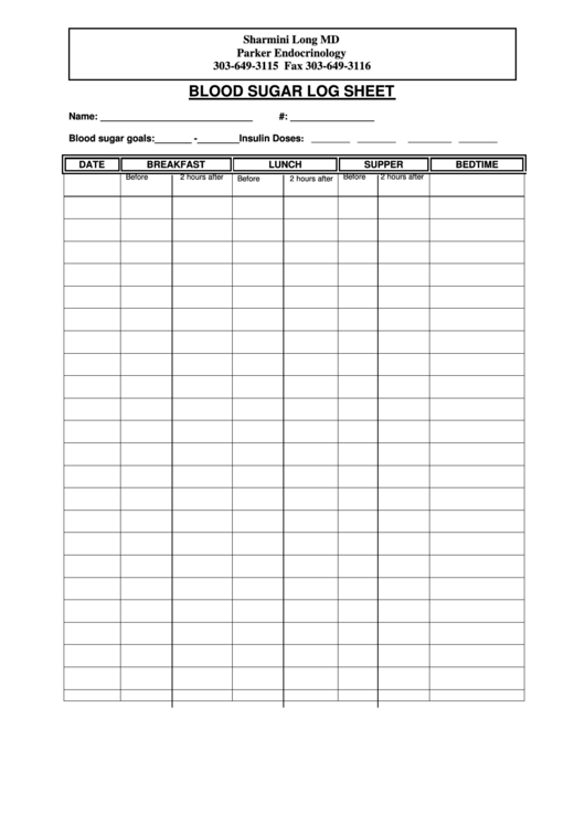 Blood Sugar Log Sheet Printable pdf