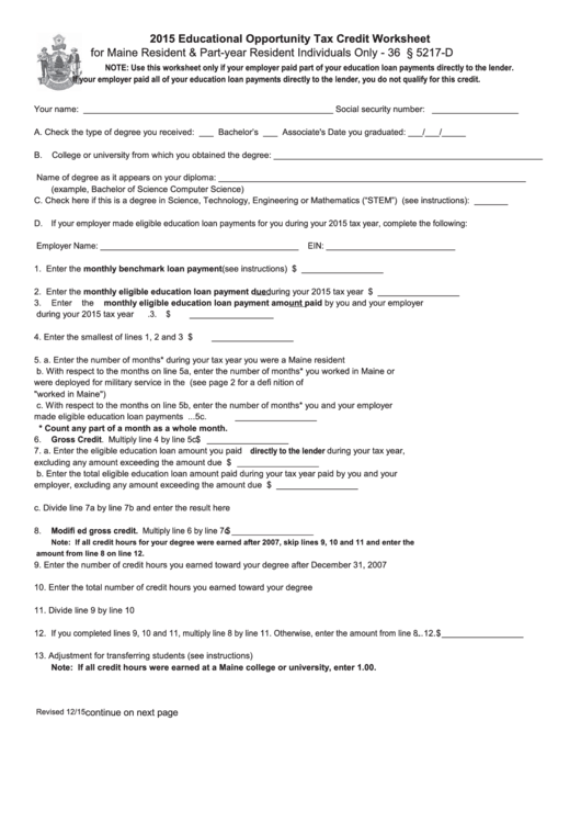 Form Educational Opportunity Tax Credit Worksheet - 2015 Printable pdf