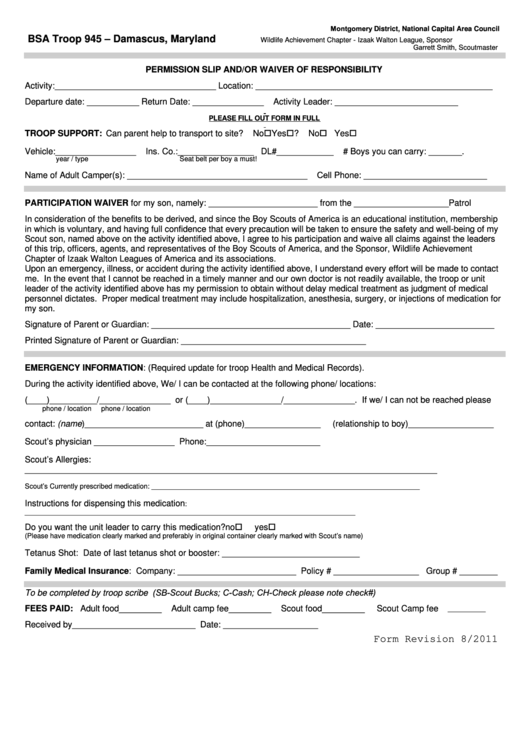 Fillable Permission Slip And/or Waiver Of Responsibility - Bsa Troop 945 Printable pdf