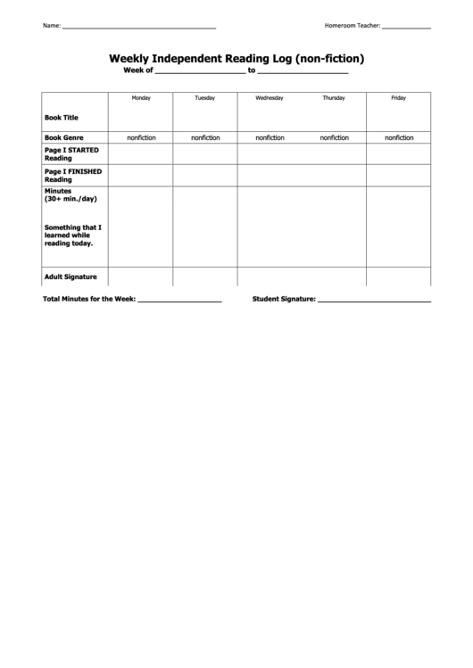 Weekly Independent Reading Log (Non-Fiction) Printable pdf
