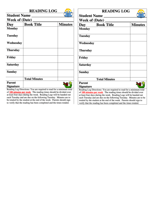 Reading Log Template With Parent Signature Printable pdf