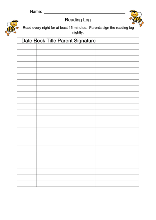 Reading Log With Parent Signature Printable pdf
