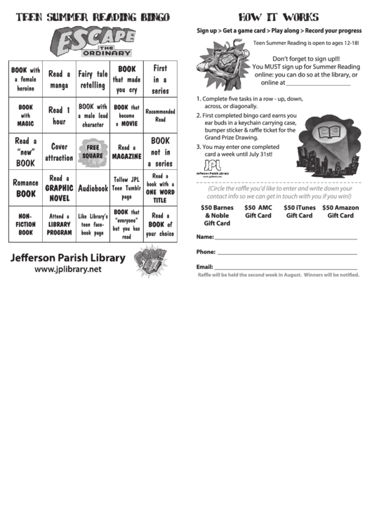 Teen Summer Reading Bingo Printable pdf