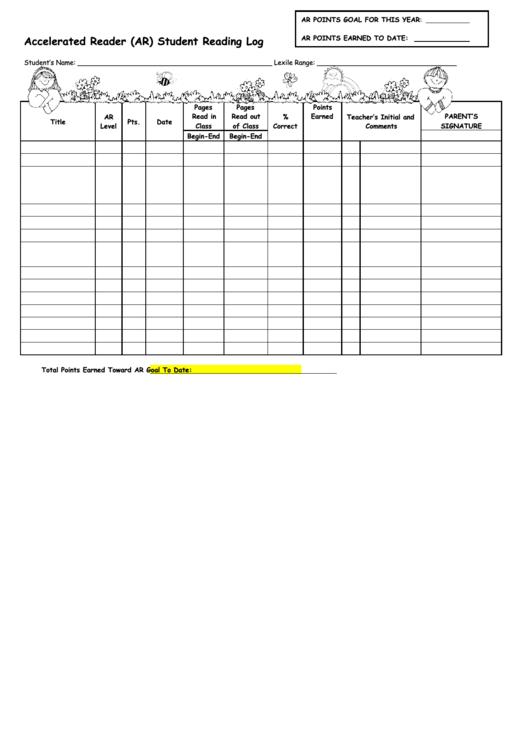 Accelerated Reader (Ar) Student Reading Log Printable pdf