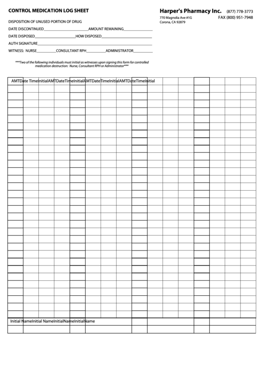Controlled Medication Log Sheet Printable pdf