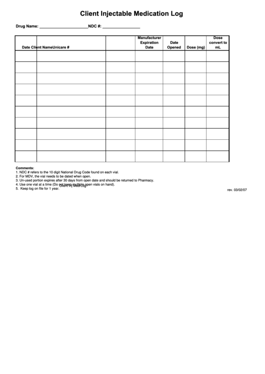Injectable Medication Log Sheet Printable pdf