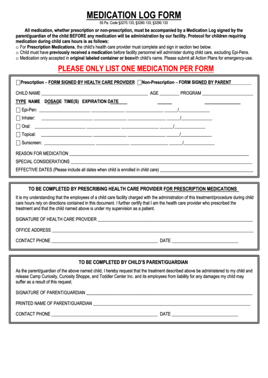 Medication Log Form Printable pdf