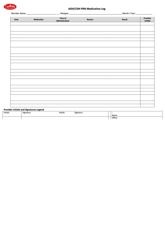 Adh/cdh Prn Medication Log Printable pdf