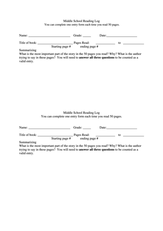 Middle School Reading Log Template Printable pdf