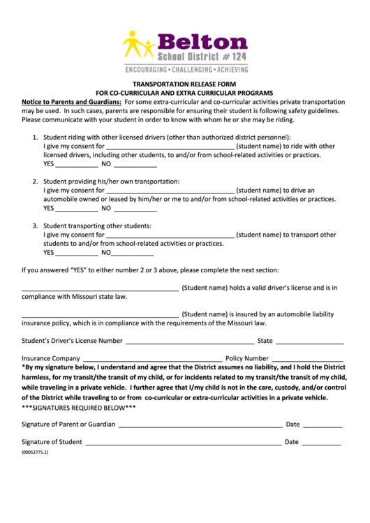 Transportation Release Form - Belton School District Printable pdf