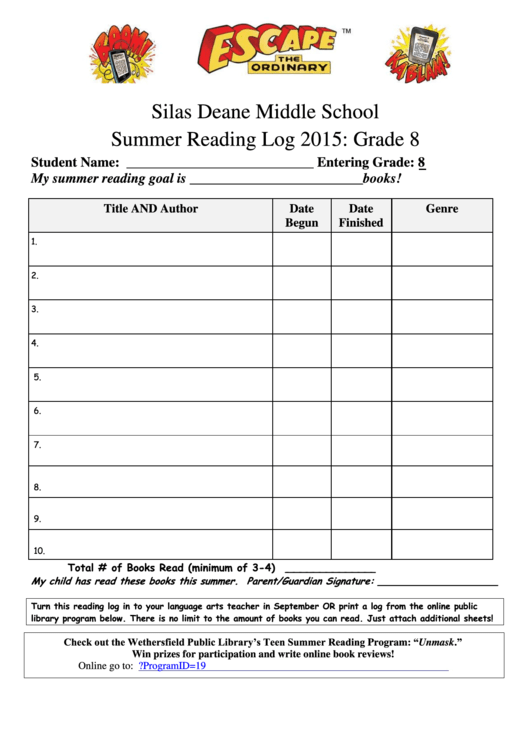 8th Grade Middle School Summer Reading Log Template Printable pdf