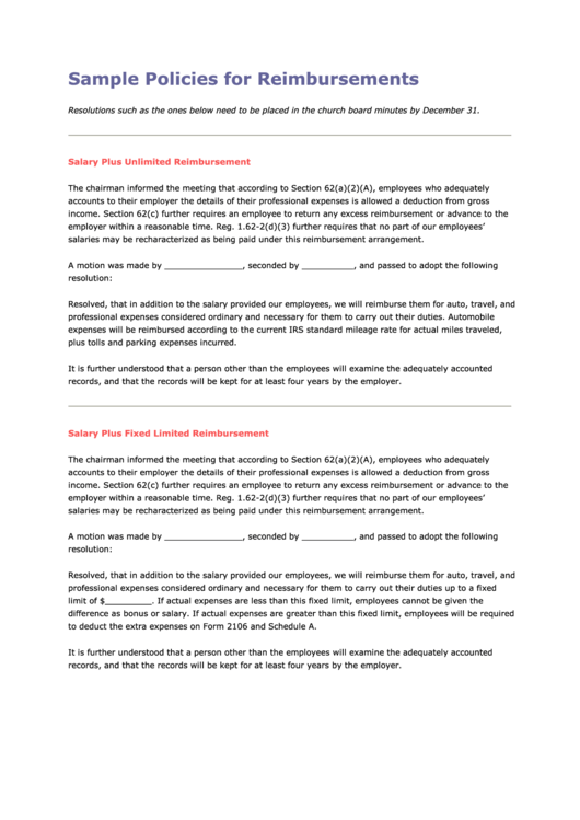 Sample Policies For Reimbursements Printable pdf
