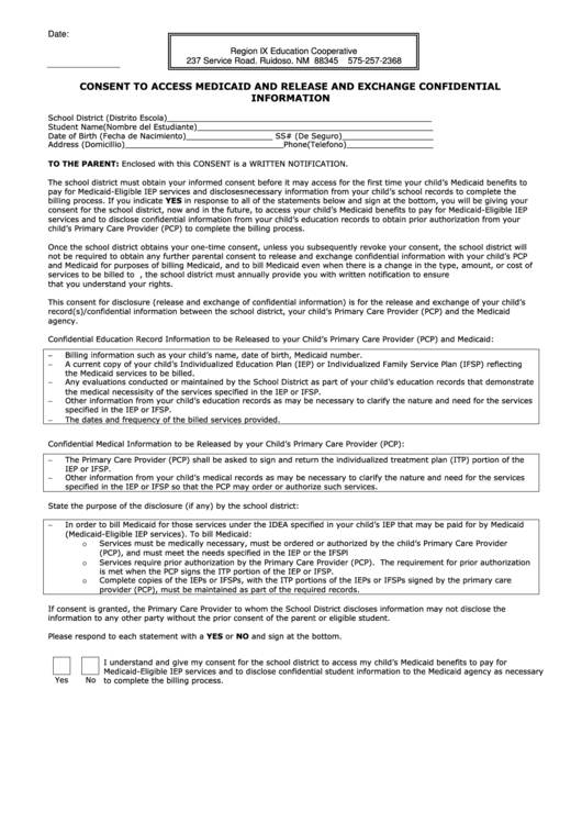 Consent To Access Medicaid And Release And Exchange Confidential Information Printable pdf