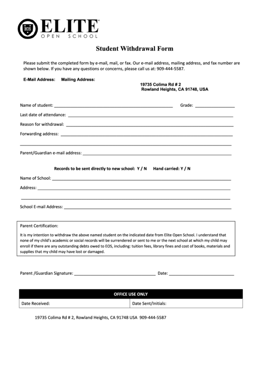 Fillable Student Withdrawal Form Elite Open School Printable pdf
