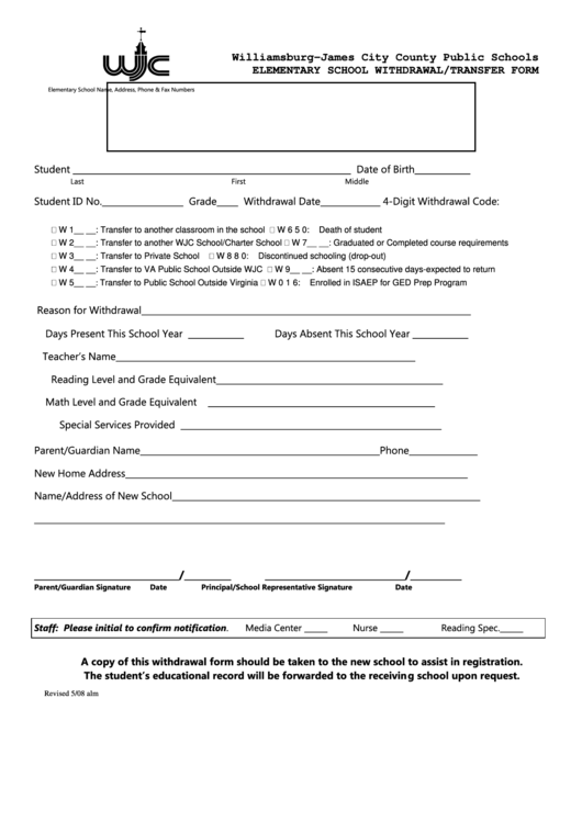 Williamsburg James City County Public Schools Elementary School Withdrawl Form Printable pdf