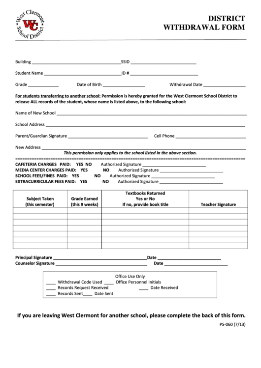 Fillable District Withdrawal Form - West Clermont Local Schools Printable pdf
