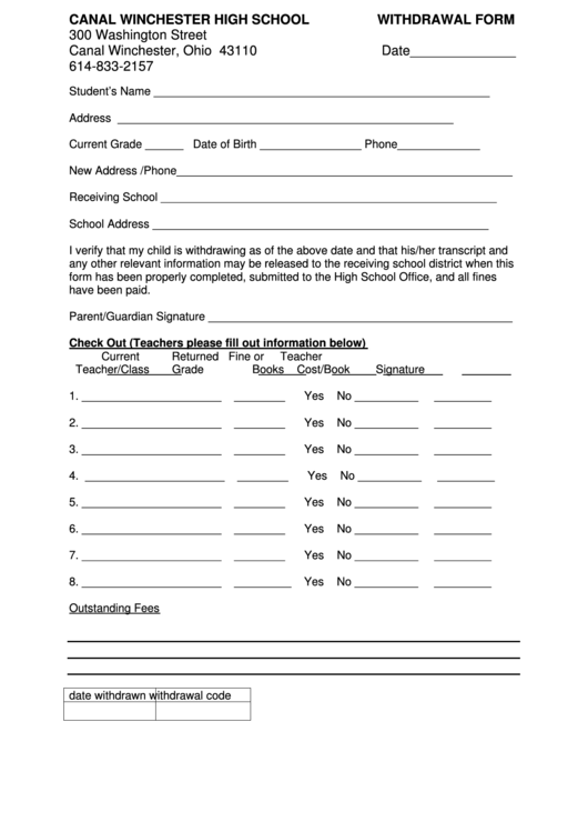 Withdrawal Form - Canal Winchester Schools Printable pdf