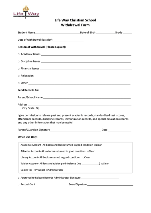 Life Way Christian School Withdrawal Form Printable pdf
