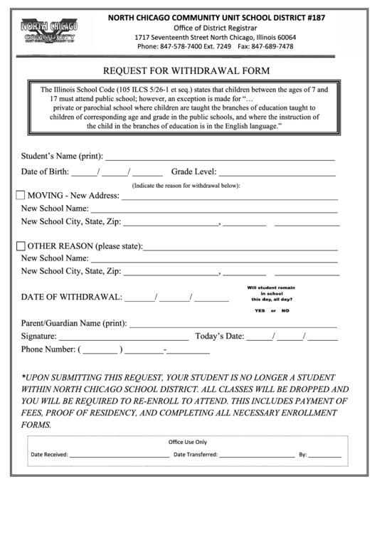 Request For Withdrawal Form Elementary And Middle School Printable Pdf