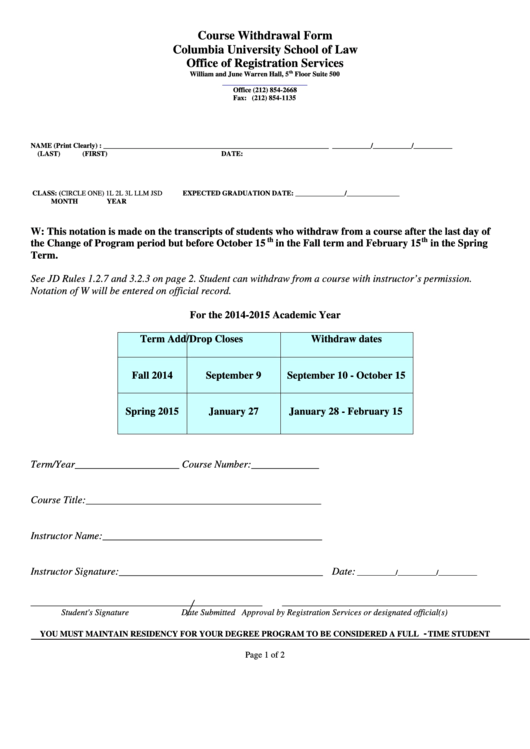 Sample Course Withdrawal Form Printable pdf