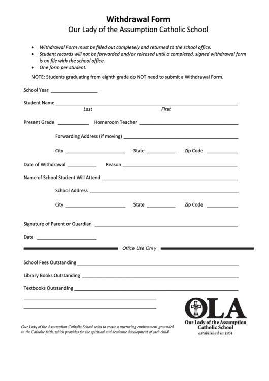 Withdrawal Form - Our Lady Of The Assumption Catholic School Printable pdf