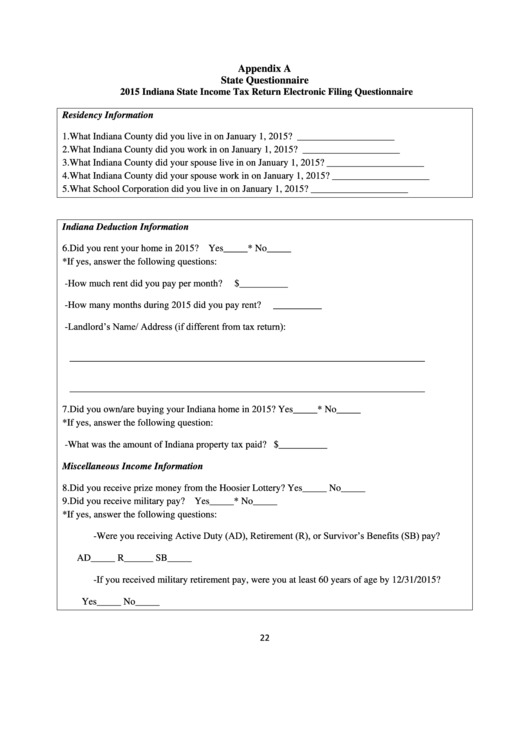 2015 Indiana State Income Tax Return Electronic Filing Questionnaire Printable pdf