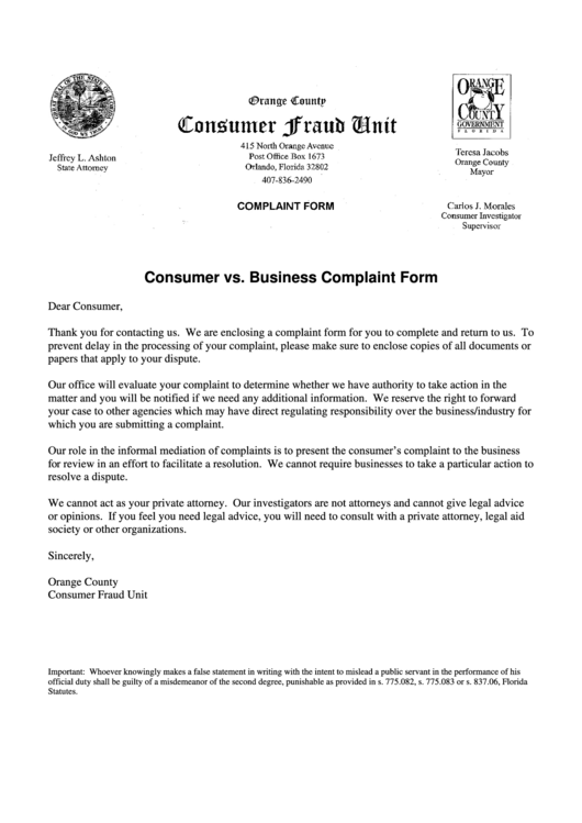Consumer Vs Business Complaint Form - Orange County Printable pdf