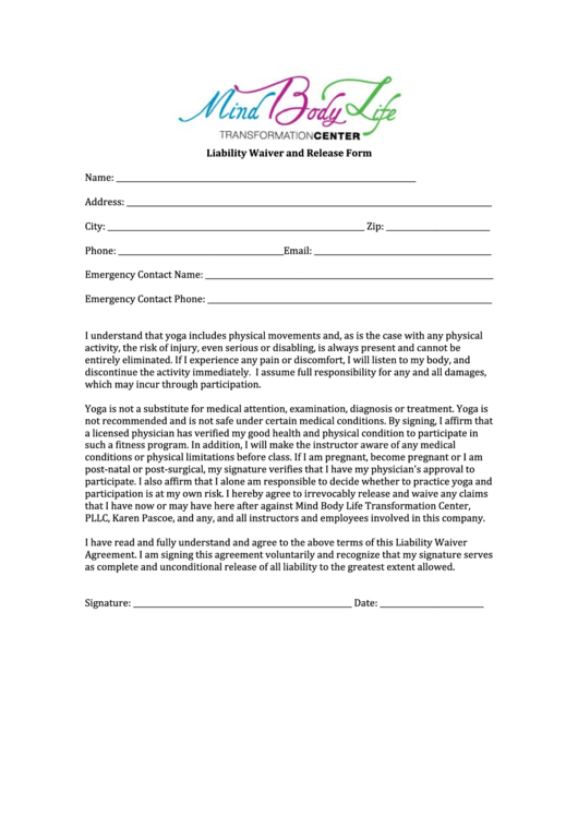 Class Liability Waiver And Release Form Printable pdf