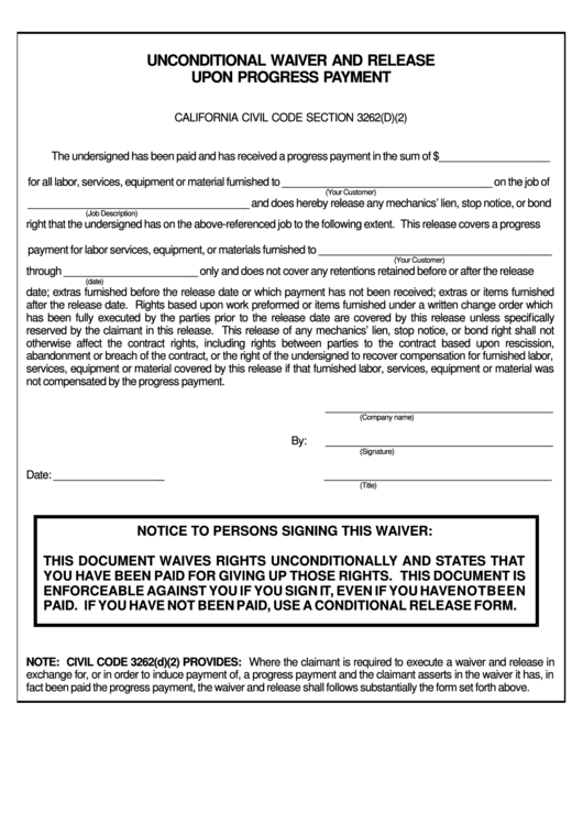 Unconditional Waiver And Release Upon Progress Payment Form - California Printable pdf