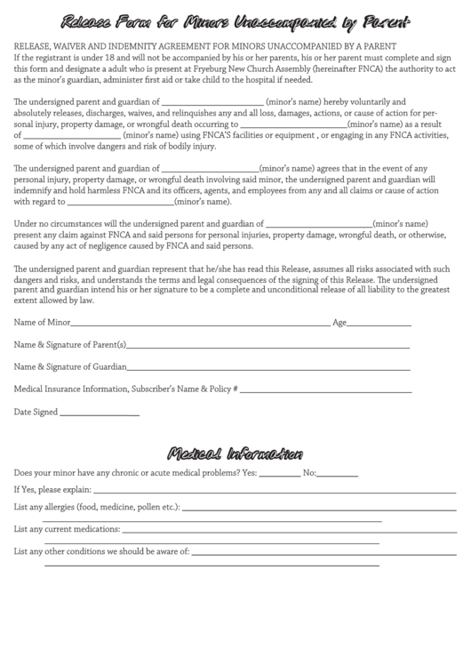 The Minor Release Form - Fryeburg New Church Assembly Printable pdf