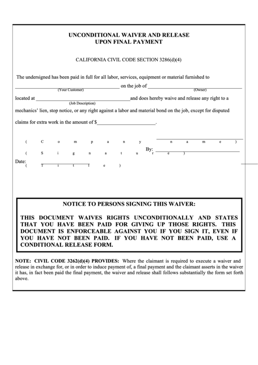 Unconditional Waiver And Release Upon Final Payment Form - California Printable pdf