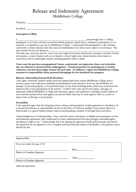 Club Sports Release Form - Middlebury Printable pdf