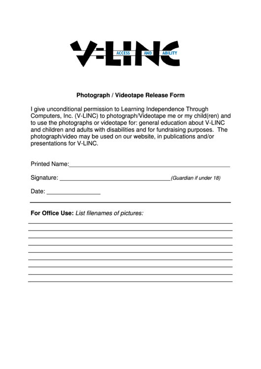 Photograph Videotape Release Form Printable pdf