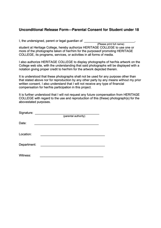 Unconditional Release Form Parental Consent For Student Under 18 Printable pdf