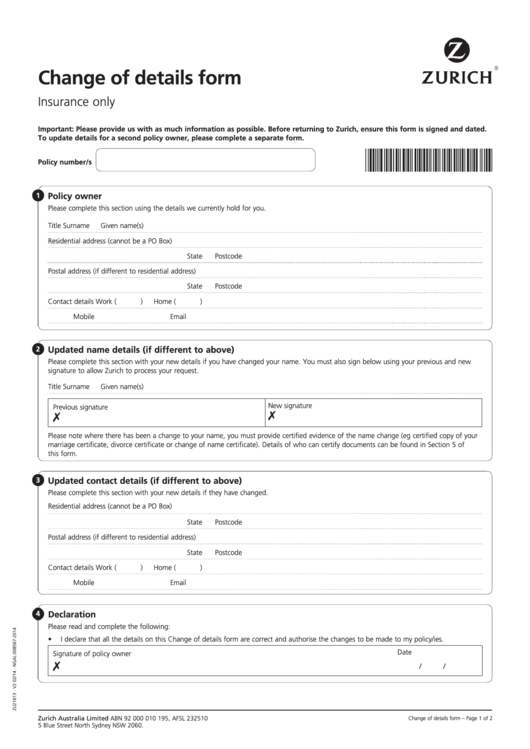 Change Of Details Form Printable pdf