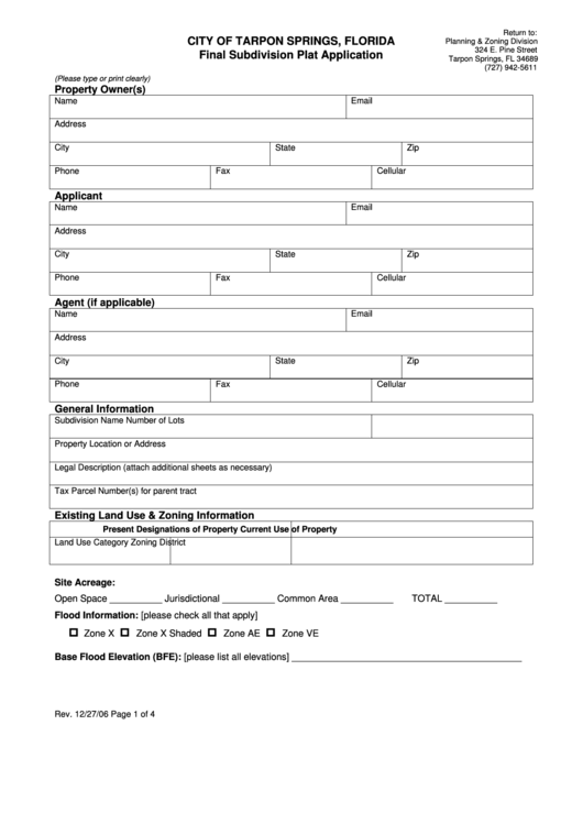 Fillable Final Subdivision Plat Application Tarpon Springs Printable pdf