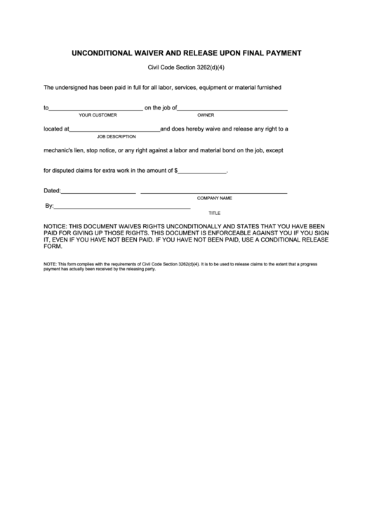 Unconditional Waiver And Release Upon Final Payment Form Printable pdf