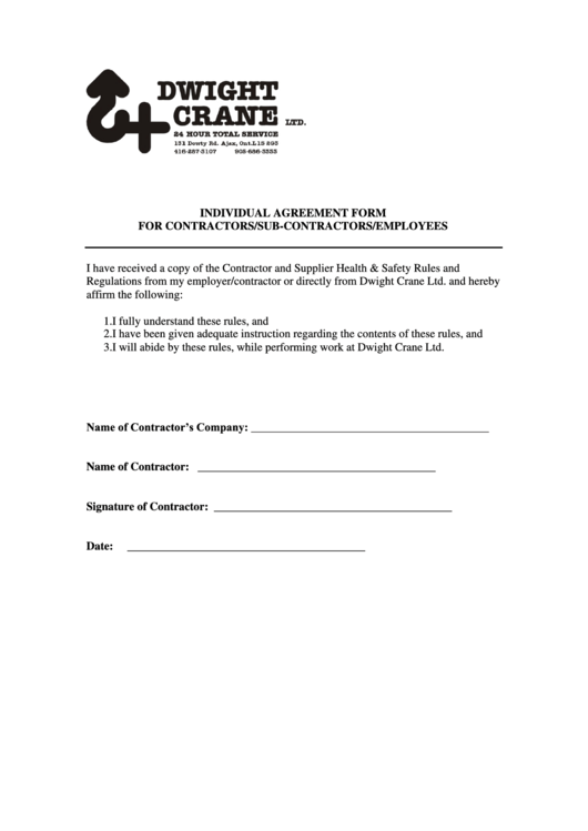 Contractor Individual Employee Agreement Form - Dwight Crane Printable pdf