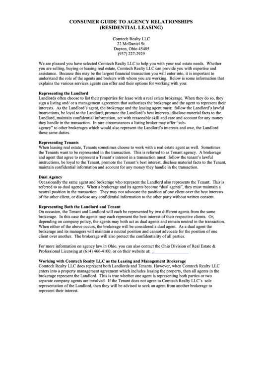 Consumer Guide To Agency Relationships Residential Leasing Ohio Consumer Guide To Agency Relationships Residential Leasing Ohio