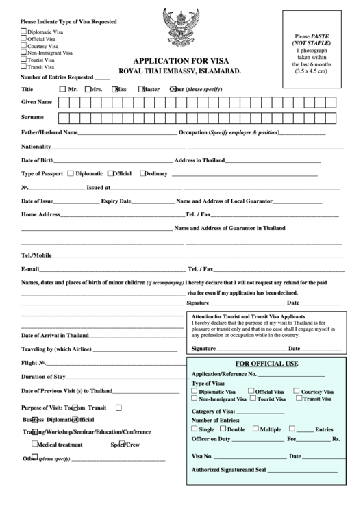 Application Form For Visa Royal Thai Embassy, Islamabad Printable pdf