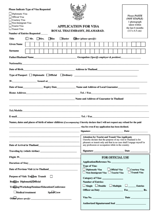 Application Form For Visa Royal Thai Embassy Islamabad Printable Pdf Download
