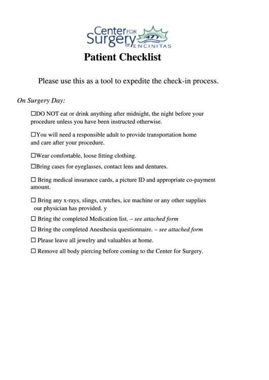 Patient Checklist, Medication List And Anesthesia Questionnaire Printable pdf