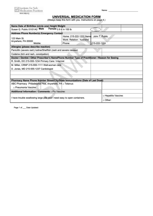 Universal Medication Form Printable pdf